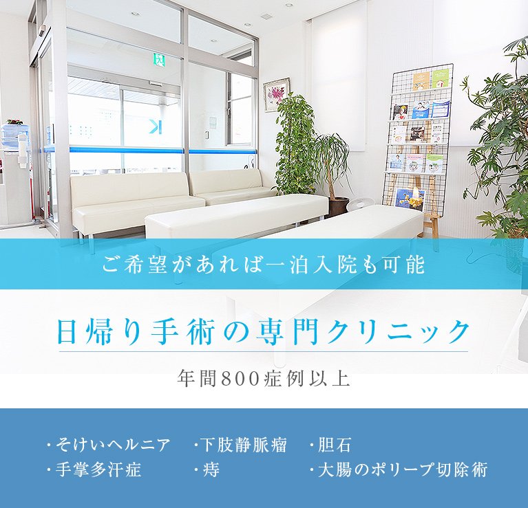 ご希望があれば一泊入院も可能　日帰り手術の専門クリニック　年間800症例以上